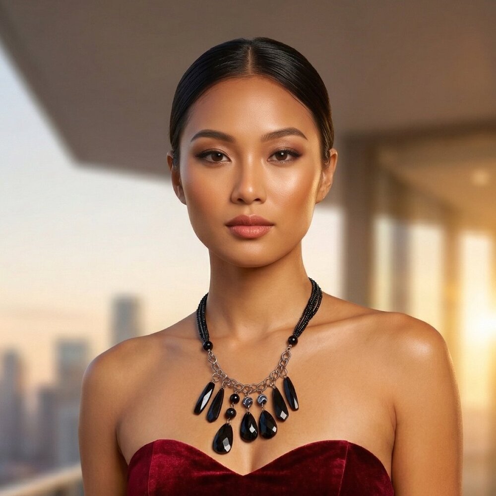 Black Faceted Teardrop Necklace